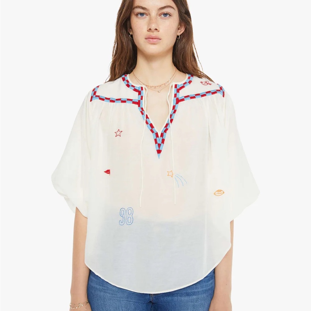 MOTHER Denim White Embroidered Blouse. Size M.